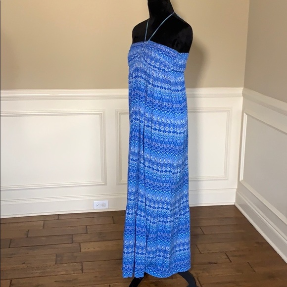 LO Posh Blue Printed Tie at Neck Maxi Dress Size L - Picture 4 of 7
